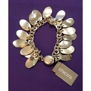 Chico's Signed Silver Tone Chain Charm Bracelet Matte Textured Shiny Oval Discs